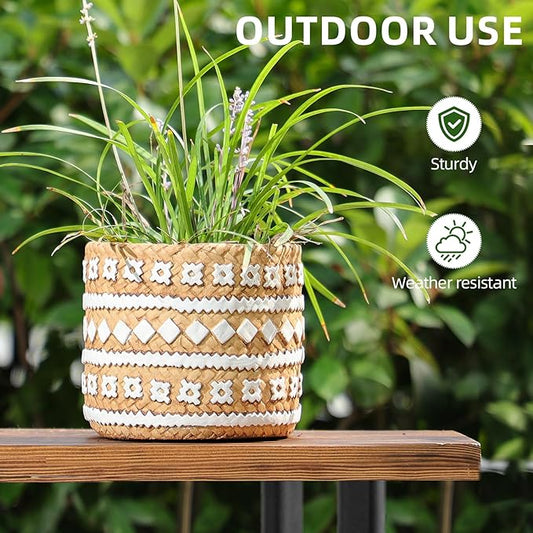 vomiceak Concrete Rattan-Style Plant Basket Planter, 5" Plant Pots Indoor Outdoor with Drainage Hole, Boho Flower Pot for Succulents, Herbs, Modern Farmhouse Decor, Ideal Gift for Plant Lovers