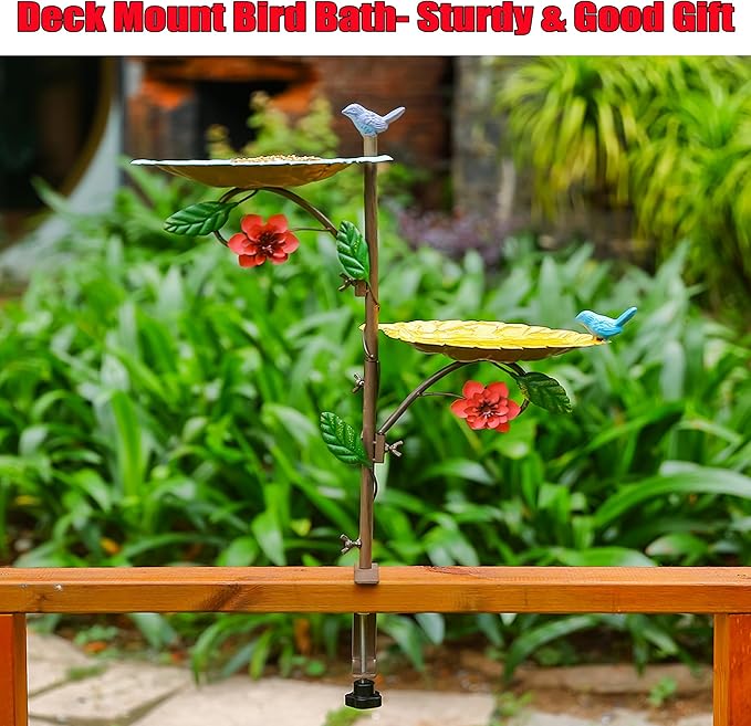 Deck Mounted Bird Feeder & Bird Bath, 20" H Iron Railing Birdfeeder with Leaves-Shaped Bowl, Outdoor Bird Bath for Balcony Patio Garden