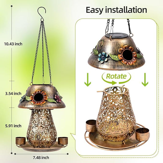 Mushroom Solar Bird Feeders for Outdoors Hanging Metal Wild Bird Feeder with S Hook for Garden Decoration Brown