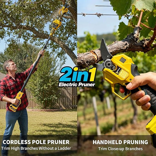 2-IN-1 Electric Pole Pruning Shears, 1.6" Cutting Diameter-Brushless Motor, Cordless Power Pruner with Extension Pole, Total Reach of Max 15.58FT, 2×4.0Ah Battery, SK5 Blade×2, LCD,for Garden Trimming