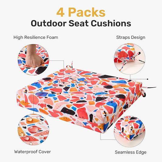 UNIKOME Outdoor Chair Cushions Pack of 4, Water Resistant Patio Cushions with Ties, High Density Sponge Filling Square Corner Seat Cushions for Outdoor Furniture, 19"*19"*3", Petal Stone