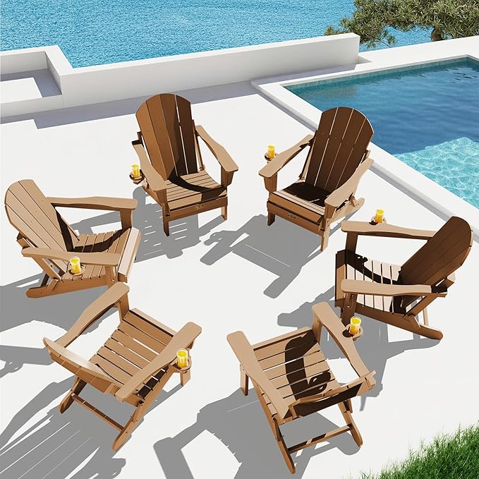 SERWALL Folding Adirondack Chair Set of 4 Outdoor Chairs with Cup Holder Painted Adirondack Chair Weather Resistant for Patio Deck Garden, Backyard Deck, Fire Pit- Brown