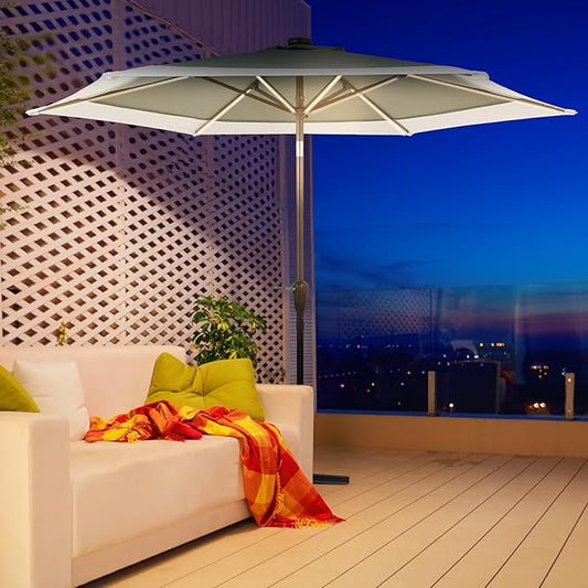 JONATHAN Y UMB1100E Spencer 9 ft. Classic Coastal 2-Tone Solar LED Market Patio Umbrella with 12 LED Strip Lights, Auto-Tilt, Crank Protection in Green/White