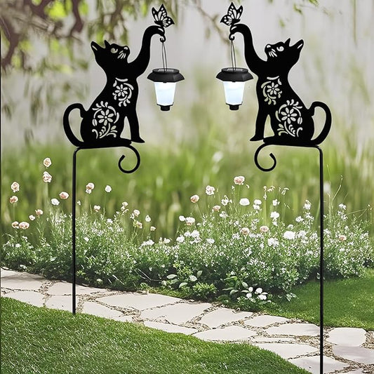 Cat Solar Lights Outdoor Garden Decoration, Cat Garden Statues, Outdoor Metal Decorative Stakes with Solar Lantern for Lawn Yard Pathway Patio Gardening Gifts