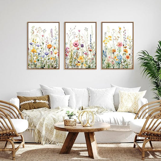 FWIEXA Floral Canvas Wall Art, Framed Wildflower Pictures Wall Decor, Large Flower Prints, Colorful Botanical Artwork, Watercolor Painting 3 Panel 24x36 Inches for Living Room, Bedroom, Office, Home
