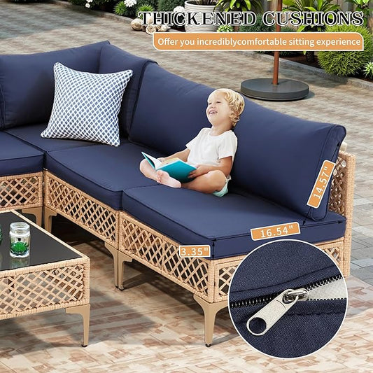 FHFO 7 Piece Outdoor Wicker Patio Furniture Set, Rattan Sectional Sofa Couch, Patio Conversation Set with Cushion & Coffee Table, for Backyard Poolside Porch Garden, Yellow/Blue
