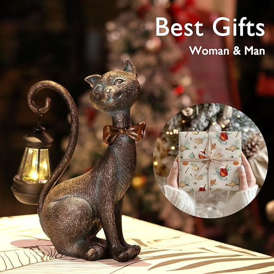 Whimsical Outdoor Cat Statues with Solar Garden Lantern:Cat Garden Statues for Outside Fall Decor Clearance,Outdoor Figurine for Yard Art Lawn Ornaments Patio Balcony Home House - Birthday Gifts