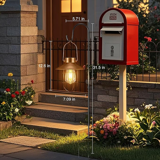 pearlstar 2 Pack Solar Lights Outdoor, Hanging Solar Lanterns with Edison Bulb and 2 x 32 Inch Shepherd Hooks, Waterproof Landscape Lighting for Garden Patio Yard Pathway Driveway Lawn (Copper)