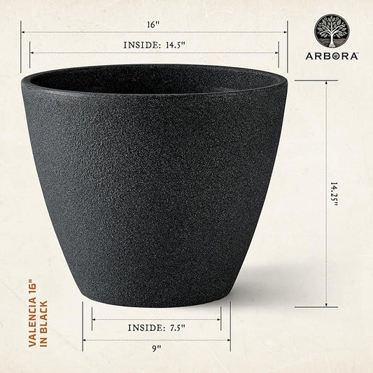 ARBORA 16" Valencia Polyresin Indoor and Outdoor Planter with Classic Black Finish - Durable, Weatherproof, Lightweight, Large Plant Pot for Patio, Garden, Deck, Entryway