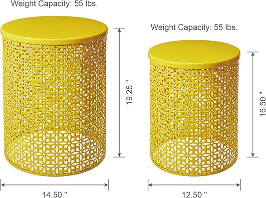 Glitzhome Outdoor Side Table Set of 2, Decorative Garden Stool for Indoor Outdoor Heavy Duty Metal Frame Accent Table Modern End Table, Glossy Yellow