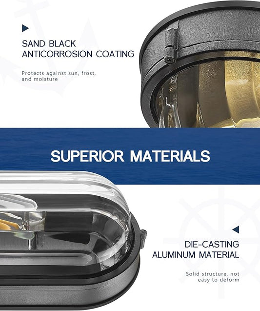 FEMILA 11" Oval Bulkhead Exterior Wall Sconce, 2 Pack Wall Light & Ceiling Flush Mount, Aluminum, Ripple Glass, Front Porch Light for Patio/Garage/Entry, 4FYX104FL-2 BK SW