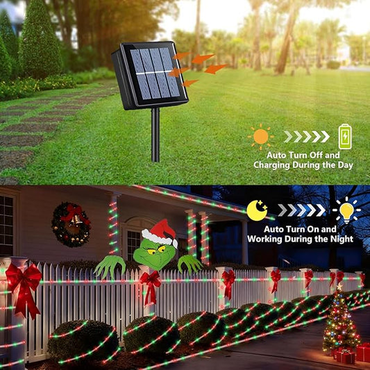 YEGUO Solar Christmas Lights Outdoor Waterproof, 2 Packs Each 33ft 100 LED Rope Lights, 8 Modes Fairy String Lights in Clear Thin Tube for Camping Fence Patio Garden Trampoline Deck(Red and Green)