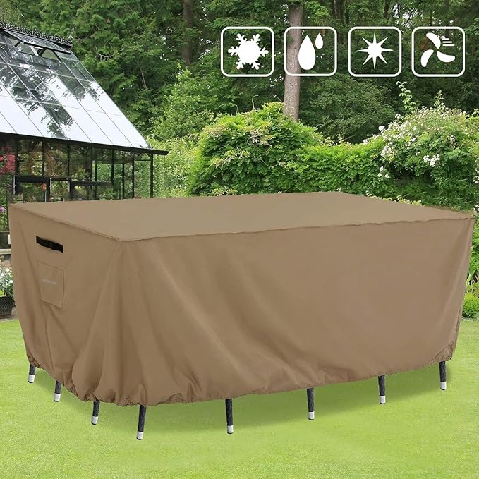 Tempera Outdoor Dining Set Cover for Outside Table and Chair, Rectangle Patio Table Covers for Outdoor Furnitures, Anti-Fading, Windproof, 90'' L x 60''W x 27.8''H, Taupe