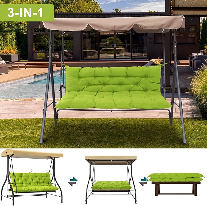 Outdoor Swing Cushions 3 Seater Waterproof, Replacement Bench Cushions for Outdoor Patio Furniture with Backrest, Porch Swing Cushion with Ties for Lawn and Garden (Grass Green, 40x71in)