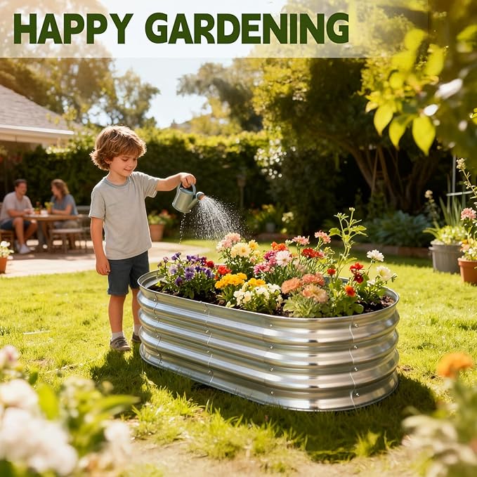 4X2X1ft Galvanized Steel Raised Garden Bed for Outdoor, Oval Metal Raised Bed for Planting Plants Vegetables, Planter Box Garden Containers for Gardening