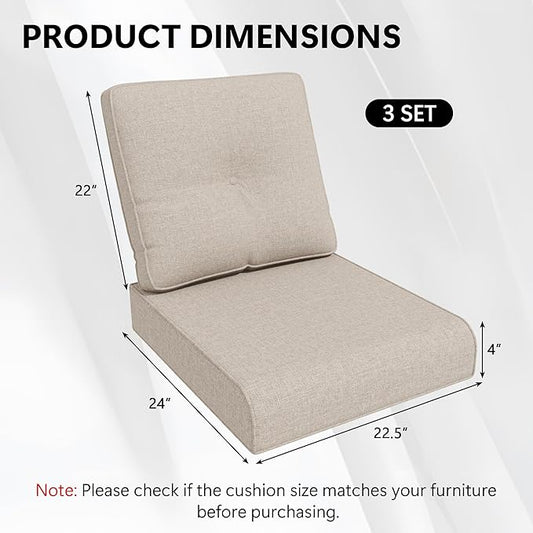 Outdoor Chair Cushions Set for Patio Furniture, 22x25/22x24 Inch, Waterproof & Fade Resistant Patio Chair Cushions, Thick Patio Furniture Cushion for Chair, Sofa, and Couch (Beige, 3 Set)