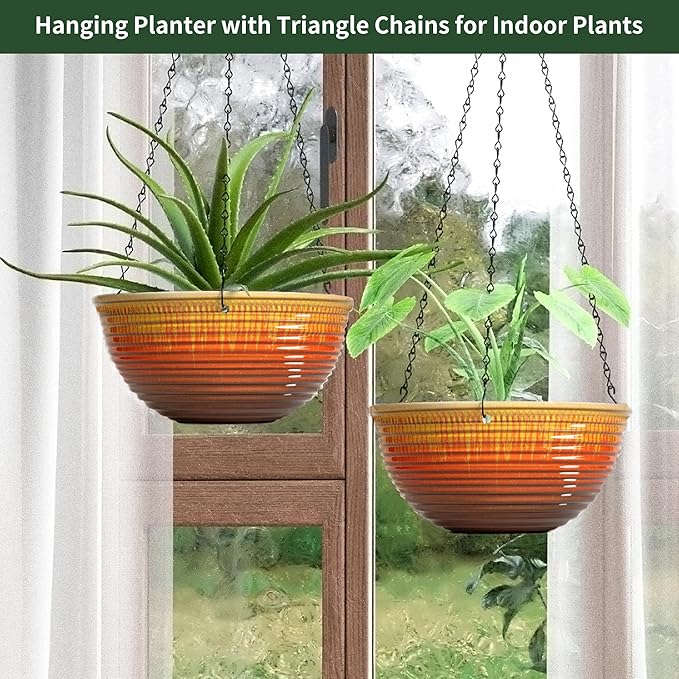 12 inch Large Hanging Planters for Indoor Outdoor Plants, Set of 2 Glazed Hanging Flower Pots with Drainage Hole, Hanging Baskets for Garden Home Porch Decor