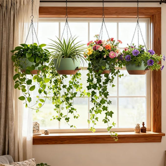 UOUZ 4 Pack 8 Inch Self Watering Hanging Planters for Indoor Outdoor Plants,Hanging Pots for Plants with Drainage Removable Tray, Hanging Baskets Flower Pots for Pothos Spider Garden Green with Brown