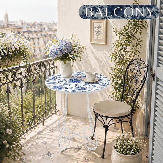 Cinnvoice 14 Inch Outdoor Side Table Round Small Patio Accent Weather Resistant Metal Elegant Indoor End Plant Coffee Tea Table for Yard Patio Outdoor Porch Garden Living Room(Blue Floral)