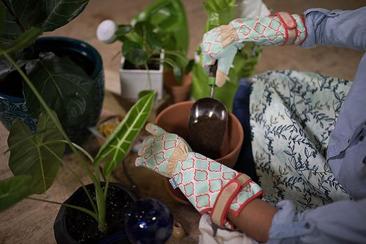 Digz Rose Pruning Vegan Leather Garden Gloves, Long Forearm Protective Cuff with Touchscreen Compatible Finger Tips, Red Geometric Pattern, Large
