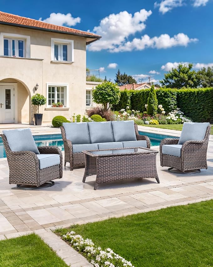 Luxury 22x24/22x25 6-Inch Outdoor Cushions for 5 Peice Patio Furniture Set - Set of 5 Water-Resistant Pillow for Dining Rocking Swivel Chairs Loveseat Couch Sectional Sofa - Baby Blue