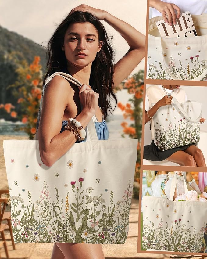 Miss Adola Large Tote Bag for Women - Canvas Tote Bag with Zipper Aesthetic Reusable Shoulder Bag for Gym, Travel, Work
