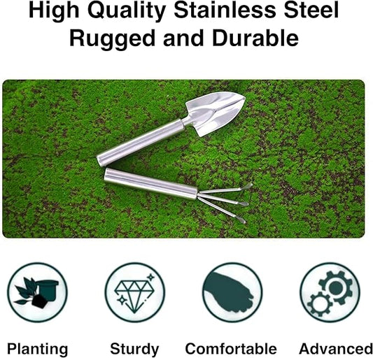 3-Piece Stainless Steel Garden Tools Set with Gloves- Shovel, Rake, Weeder for Indoor Outdoor Use, Ergonomic Handles for Succulents, Potted Plants & Seedlings