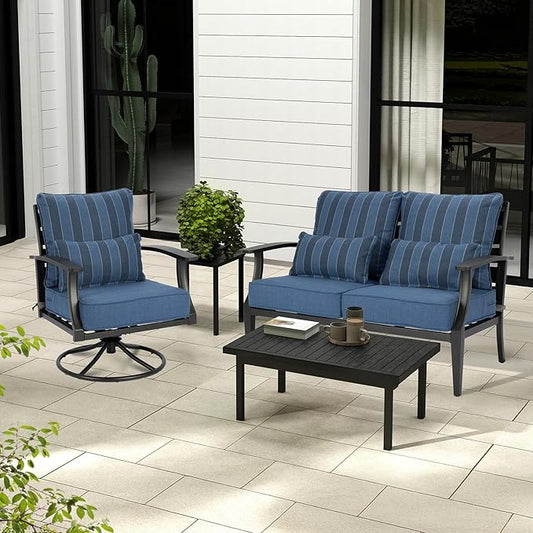 Aoodor Outdoor Chair Cushion, 23 x 26 Inch Water-Resistant, Fade-Resistant Olefin Fabric Patio Seat Cushions with Removable Cover and Adjustable Straps for Outdoor Furniture, Set of 2, Blue Stripes