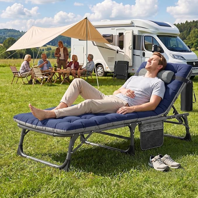 ABORON 3-in-1 Folding Patio Lounge Chair, 440LB Heavy-Duty Tri-Fold Guest Bed with Plush Cotton Cushion, No Assembly Adjustable Recliner for Office Nap, Patio Sunbathing, Poolside & Camping