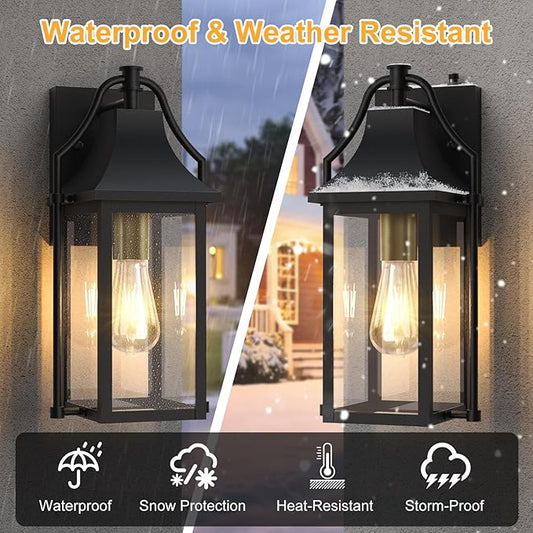 Dusk to Dawn Outdoor Wall Light, Waterproof Wall Sconces, Exterior Wall Mount Lantern Sconce with Glass, Black Patio Lanterns for House Garage Front Door, 14.8in, 1 Pcak