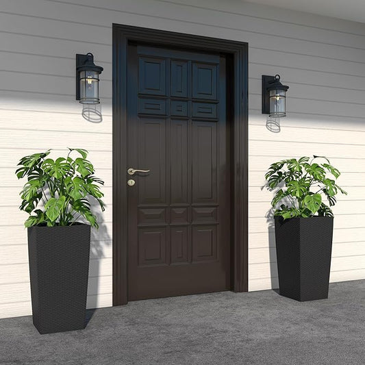 23in Tall Planter Set of 2, Large Self Watering Pots for Indoor/Outdoor Plants with Drain Holes, Water Level Monitor, Inner Bucket for Front Porch Patio, Black Rattan
