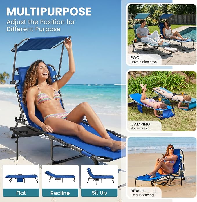 FUNDANGO 400lbs Heavy Duty Tanning Chair with Face Hole & Canopy, Blue | Face Hole & Canopy, 400lbs Capacity, Side Table, 5-Position Sun Lounger, Anti-Pinch Safety Lock