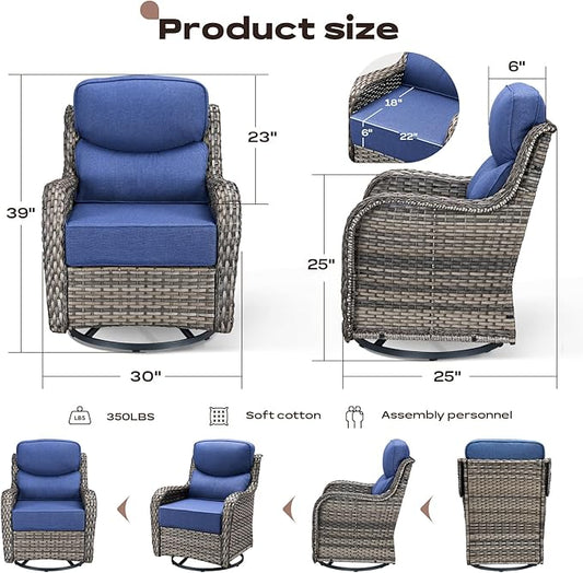 Rilyson Patio Outdoor Swivel Rocker Chairs Set of 2, Waterproof Wicker, High Back, Deep Seating, Wide Armrest, Upgraded 6 inch Thick Cushions, Ideal for Deck Porch Backyard, Mixed Grey/Blue