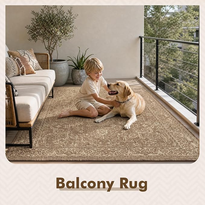 MontVoo-Outdoor Rug-Patio Rug 9x12 ft Polypropylene Indoor Outdoor Rugs Carpet for Patio Deck Balcony Porch, Textured Weave, Durable for High Traffic, Fade-Resistant, Vintage Medallion Neutral Brown