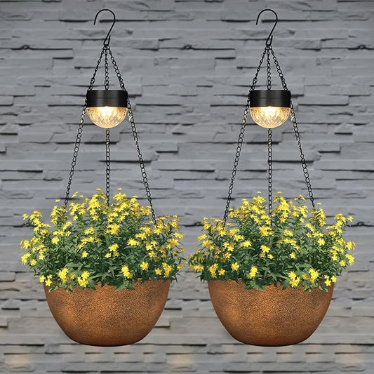 BAYN 2 Packs Solar Hanging Basket Planters for Plants Outdoor, Self Watering Bronze Flower Plants Pots with Solar Light Drainer for Balcony Patio Garden Outdoor Decoration