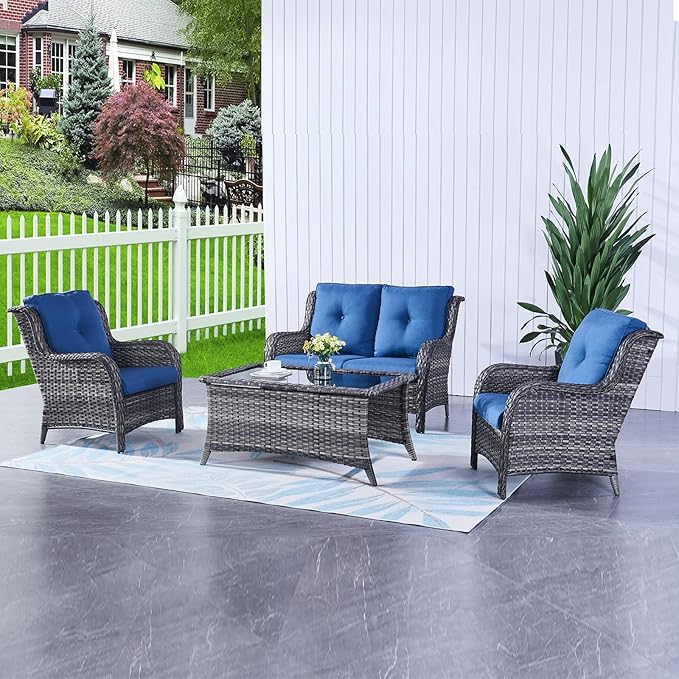 HUMMUH Outdoor Wicker Patio Chairs Set of 2 PE Rattan Patio Seating Chairs High Back Curved Armrest Porch Chairs with 4 inch Seat Cushions