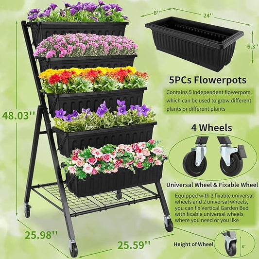 Homdox 4FT Vertical Garden Bed, 5 Tiers Vertical Raised Garden Planter, 25.6 * 26 * 48Inch Garden Raised Bed with 4 Hooks & 4 Wheels, Vegetable Flower Planter Raised Stand, Black with Storage Rack