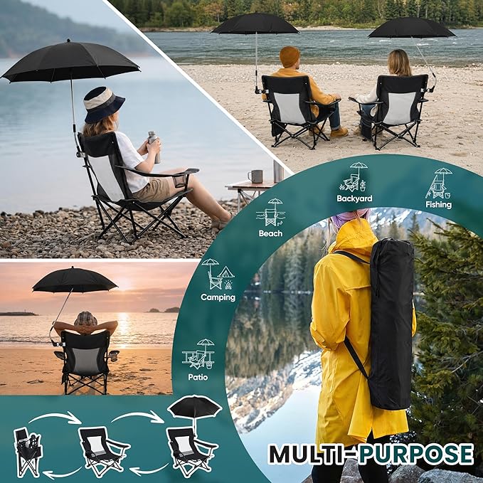 HaSteeL Low Beach Chair Set of 2, Foldable Black Camping Chair with Adjustable Umbrella Set for Adults, Lightweight Portable Lawn Chairs for Fishing, Picnic, Outdoor BBQ, Travel, Sports