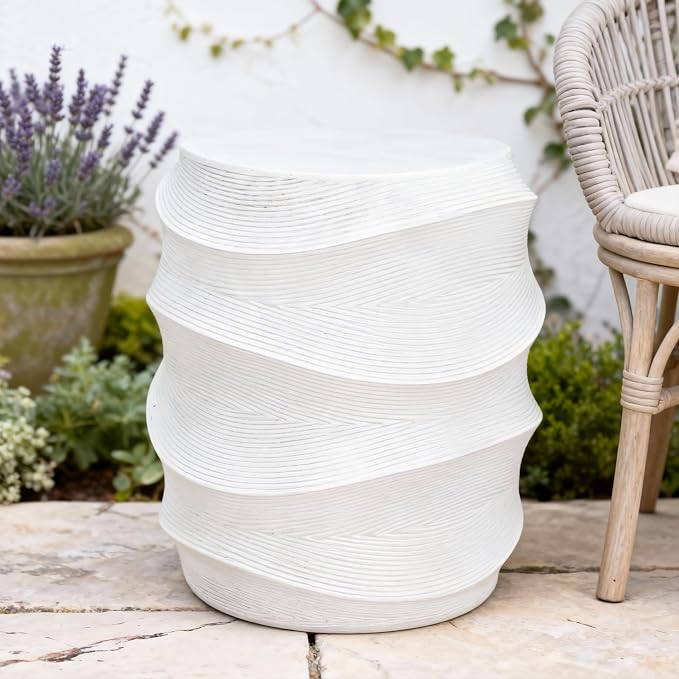 Christopher Knight Home Janna MGO Outdoor Side Table, Round Patio Decorative Small End Table with Layered Surface, Lightweight Concrete Garden Accent Table for Patio Balcony, No Assembly, White
