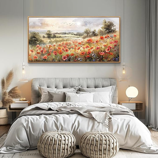 QIYILEXWART Canvas Wall Art For Living Room Wall Decor For Bedroom Office Wall Decoration Red Blooms Field Landscape Painting Farmhouse Pictures Artwork Room Aesthetic Home Decor 20x40 In