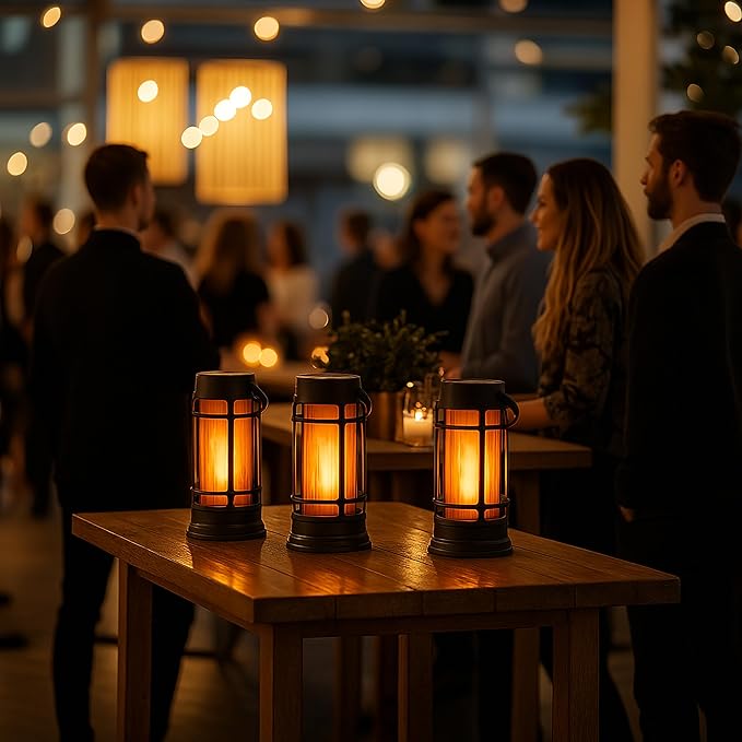 Metal Outdoor Solar Lantern, Flickering Solar Lanterns Outdoor Waterproof with Patented LED, Outdoor Lanterns for Porch, Patio, Garden, Tabletop, Hanging Use, Matte Black (4 Pack)