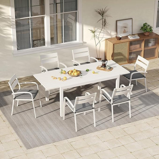 Soleil Jardin 7-Piece Outdoor Patio Dining Set, 59" - 83" Aluminum Expandable Outdoor Dining Table Set for 6, 6 Stackable Chairs with Gray Removable Cushions, White