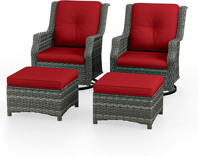 4 Piece Patio Furniture Set, 2 Swivel Glider Chairs and 2 Ottomans PE Wicker Footstool, Outdoors Rattan Conversation Set with Deep Seating and Olefin Cushions, for Backyard, Garden, Red