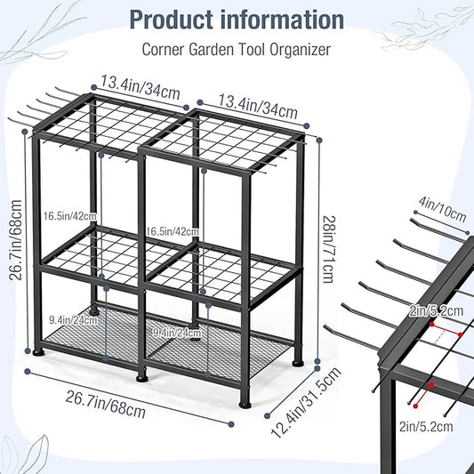 Garden Tool Organizer, Metal Yard Tool Organizer,Holds 70 Long-Handled Tools/Rakes/Brooms,Side Garden Pocket,Heavy Duty Steel Yard Tool Storage Rack for Garage,Shed, Outdoor(Black-Large)