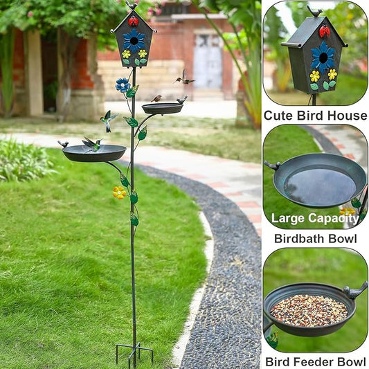 Metal Bird Bath Feeder and Bird House on Pole, 69.5" H Free Standing Bird Houses, Tall Cast Iron Bird Baths with 5-Prong Stake, Stylish Birdhouse with Birdbath Bowl for Outdoors Garden Yard Decor