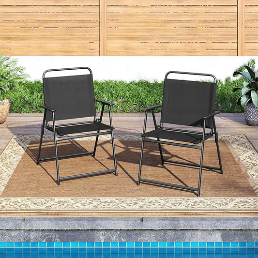 Tangkula Outdoor Folding Chairs Set of 2, Patio Dining Chairs with Breathable Fabric Seat & Cozy Armrests, Heavy-Duty Metal Frame, Portable Lawn Chairs for Backyard, Porch, Camping (2, Black)