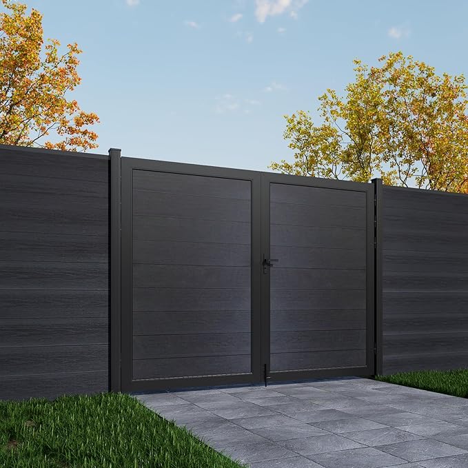 Wood Plastic Privacy Double Fence Gate 6ft(H) x 8ft(W), Metal Frame with Knob Kits, Durable Composite Outdoor Gate,Black