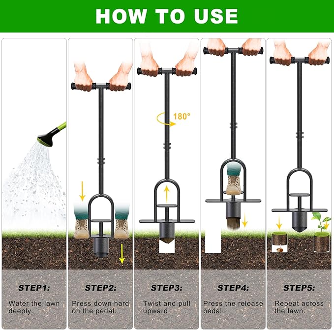 Heavy Duty Long Handled Bulb Planter Tool with Soft Rubber Grip, Garden Sod Plugger for Digging Holes, Turf Repair, Seedling Transplanting