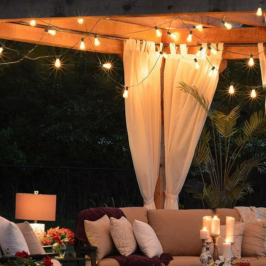 BLIATLUS 55FT Solar String Lights Outdoor Waterproof with Remote Control Solar Patio Lights 24+2 shatterproof LED ST38 Bulbs for Porch Garden Market Bistro Patio Backyard Fence