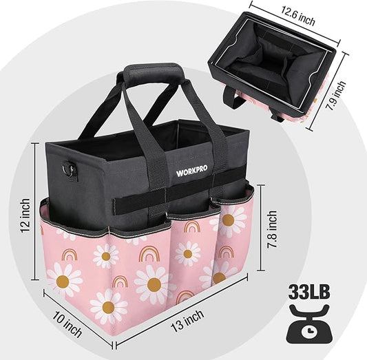 WORKPRO Garden Tool Bag Organizer, Heavy Duty Gardening Tote Bag with 10 Pockets and Long Adjustable Shoulder Strap, Standable Garden Home Tool Kits Organizer, Floral Pink - Pink Ribbon